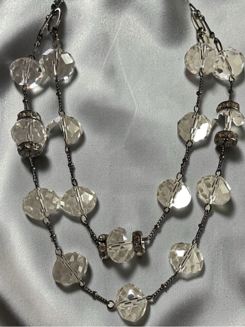 Rock Crystal Faceted Beaded Necklace Silver Tone Double Strand Adjustable